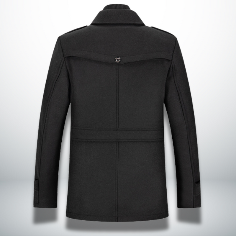 Black men's button coat with high collar, front view