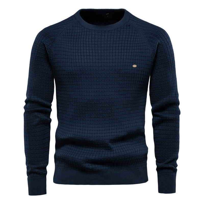 Navy blue men's structured knit crew neck sweater