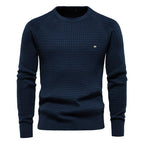 Navy blue men's structured knit crew neck sweater