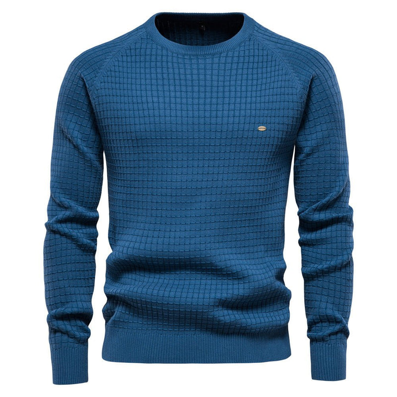 Blue men's structured knit sweater, front view