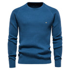 Blue men's structured knit sweater, front view