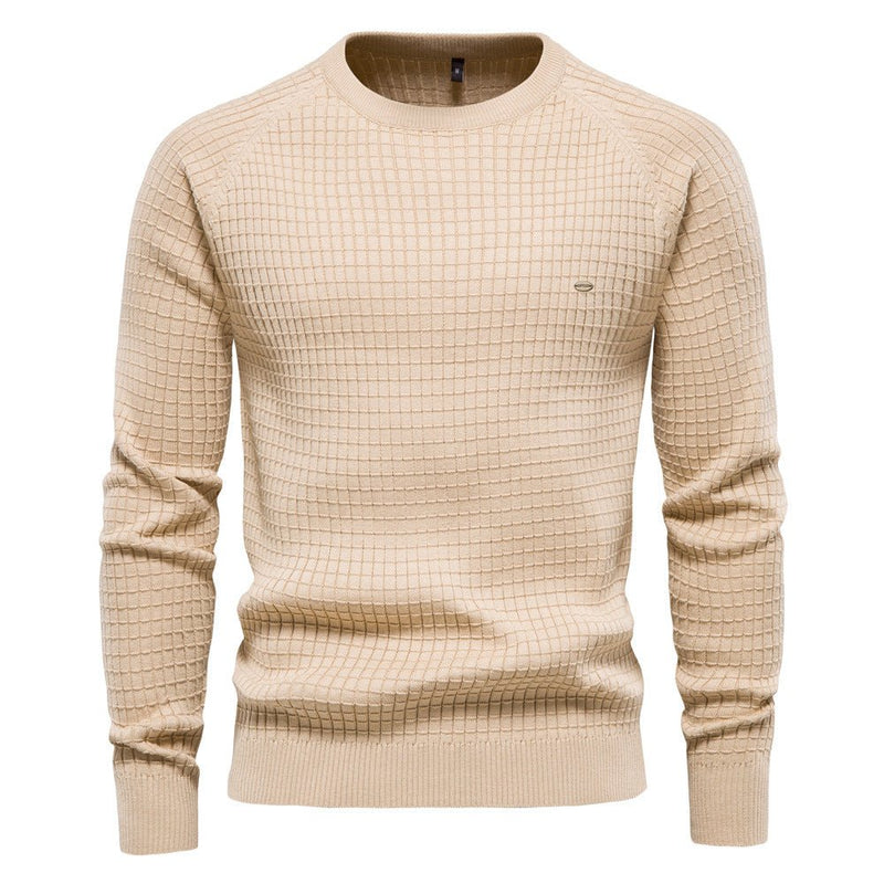 Beige men's structured knit crew neck sweater