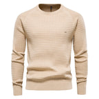 Beige men's structured knit crew neck sweater
