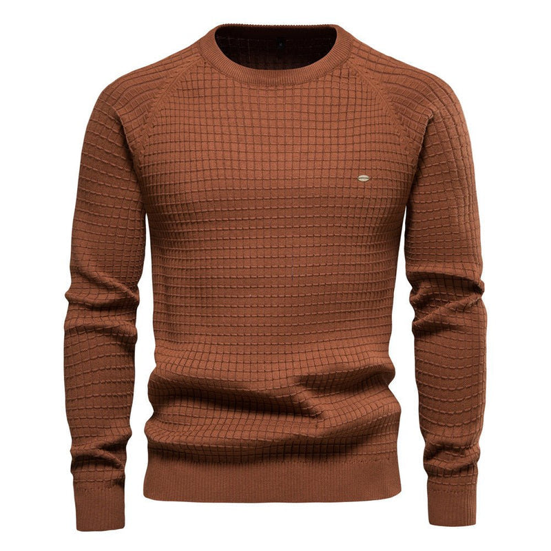 Brown men's structured knit sweater, front view