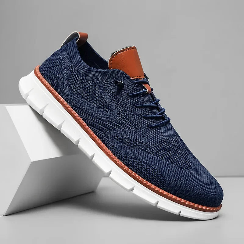 Men's navy blue textured lace-up shoe, side view