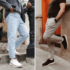 Man wearing casual lace-up shoes with jeans outdoors