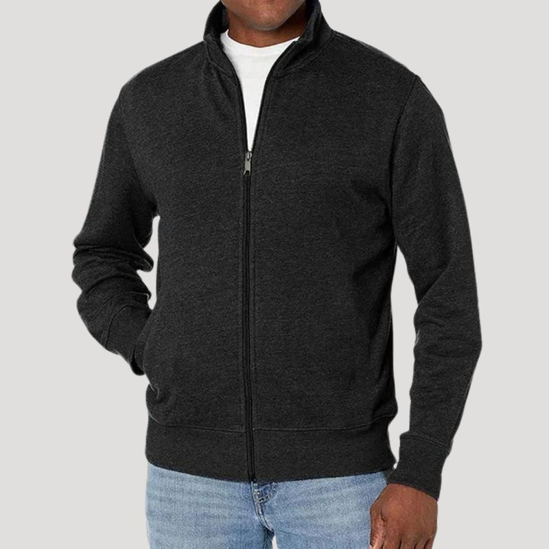 Men's Textured Zip Jacket with Stand Collar in Black