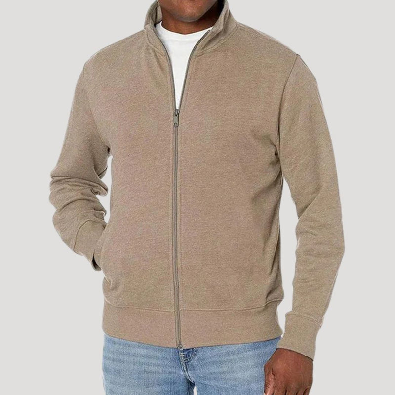 Men's Textured Zip Jacket with Stand Collar in Beige