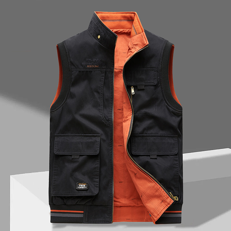 Men's Utility Vest with Multiple Pockets in Black Orange