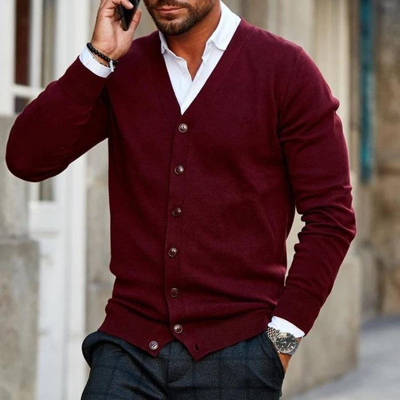 Men's V Neck Button Cardigan in Dark Red