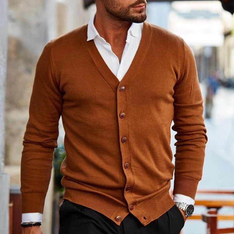 Men's V Neck Button Cardigan in Dark Brown