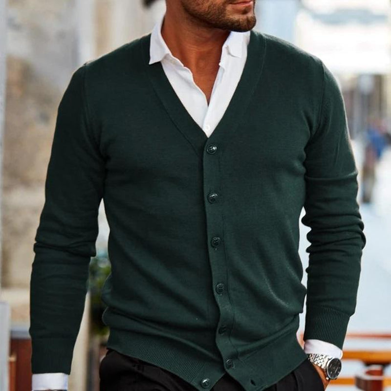 Men's V Neck Button Cardigan in Dark Green