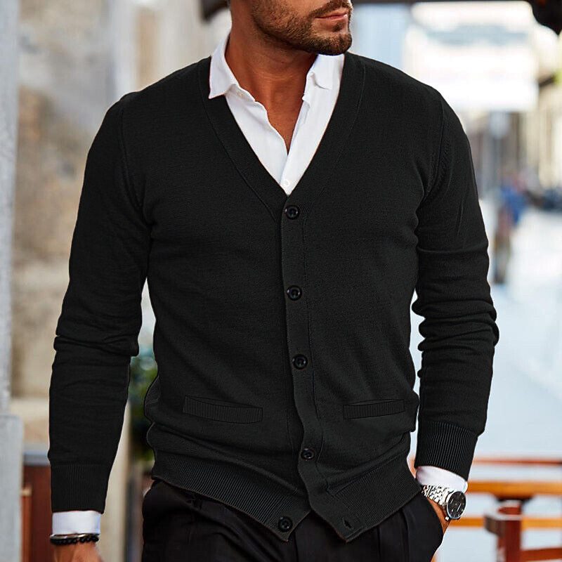 Men's V Neck Button Cardigan in Black