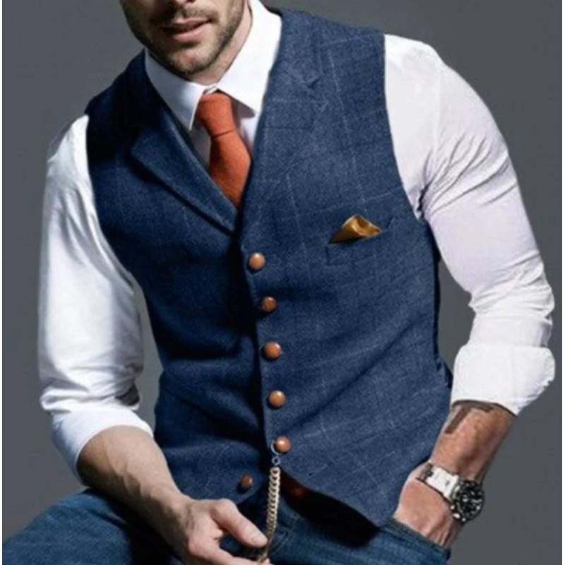 Men's V Neck Waistcoat with Button Front and Chest Pocket in Blue