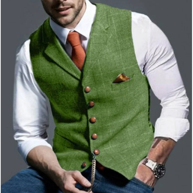 Men's V Neck Waistcoat with Button Front and Chest Pocket in Light Green