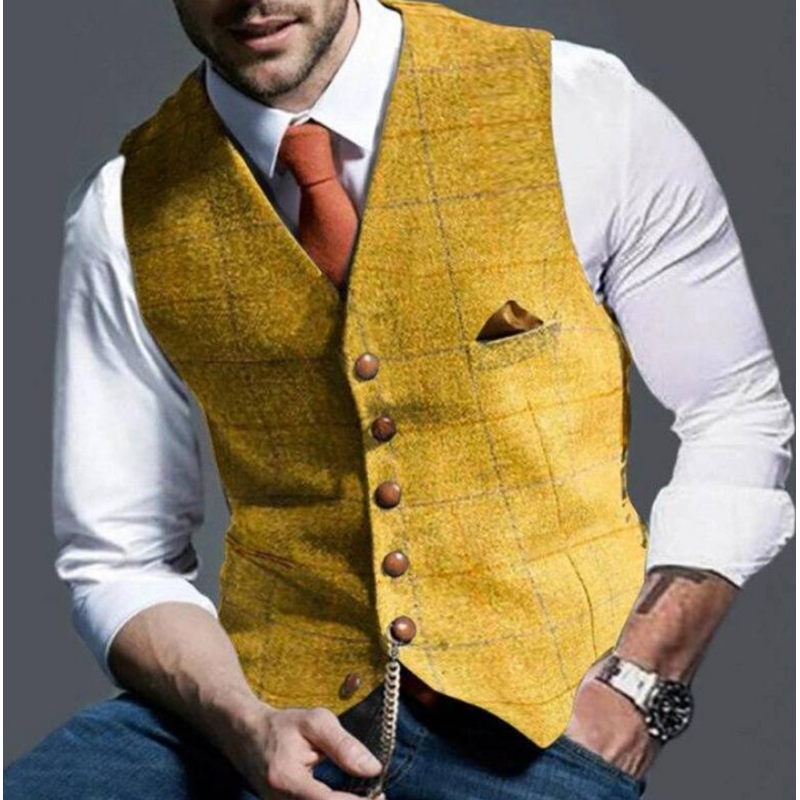 Men's V Neck Waistcoat with Button Front and Chest Pocket in Yellow