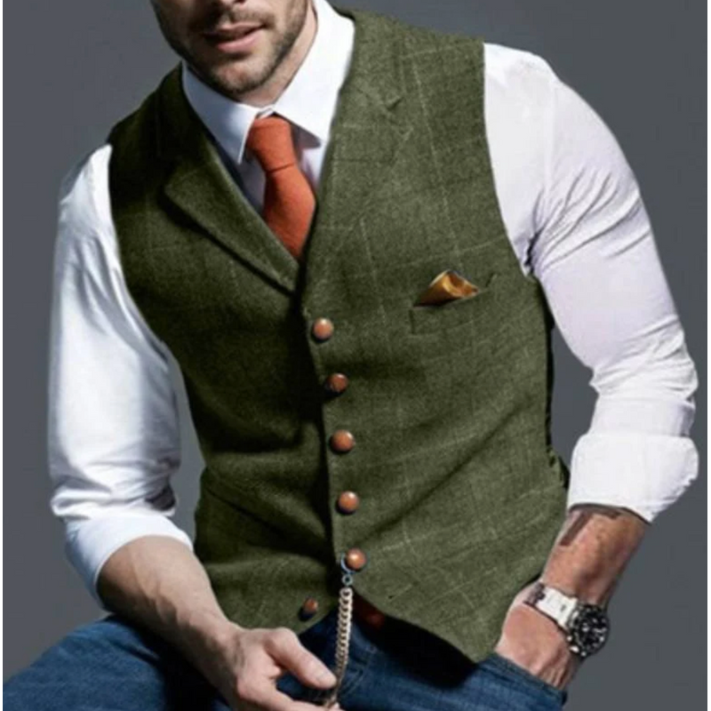 Men's V Neck Waistcoat with Button Front and Chest Pocket in Olive Green