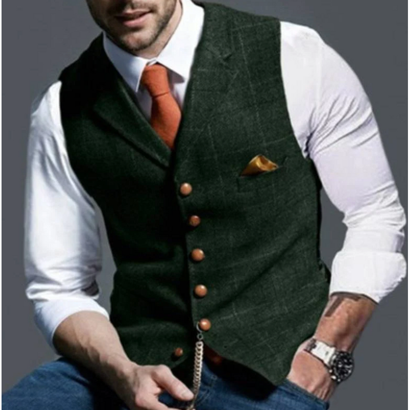 Men's V Neck Waistcoat with Button Front and Chest Pocket in Dark Green
