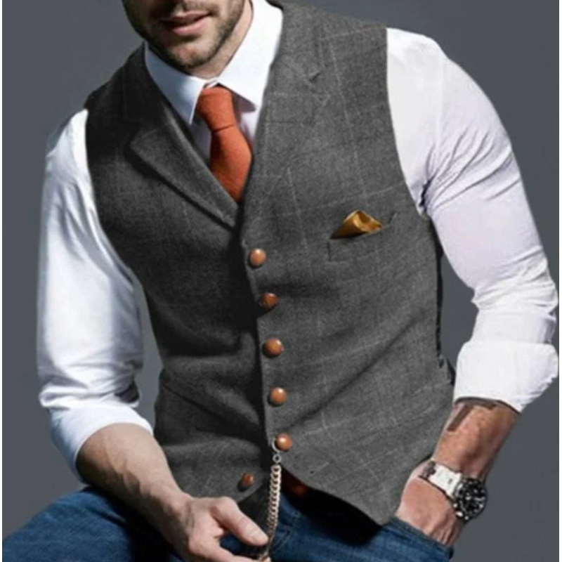 Men's V Neck Waistcoat with Button Front and Chest Pocket in Gray