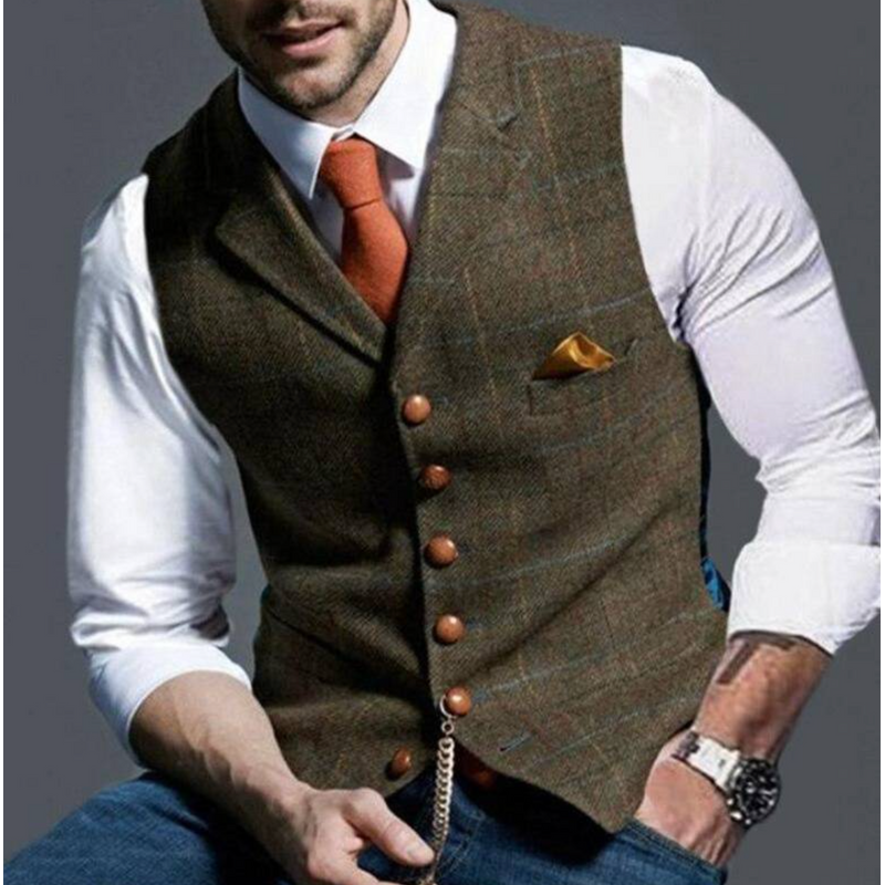 Men's V Neck Waistcoat with Button Front and Chest Pocket in Brown
