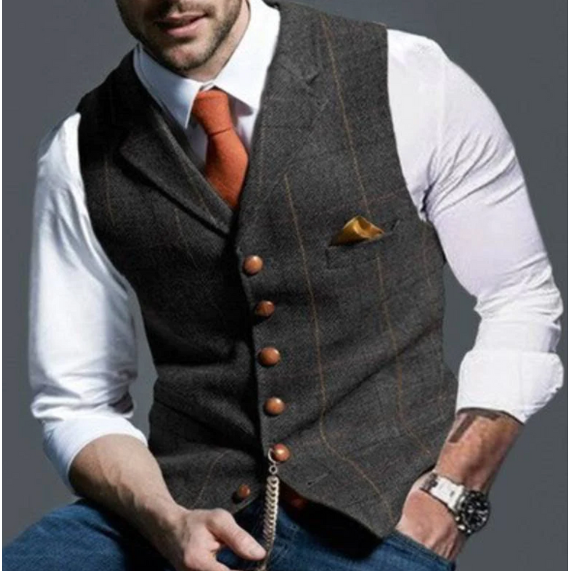 Men's V Neck Waistcoat with Button Front and Chest Pocket in Dark Gray