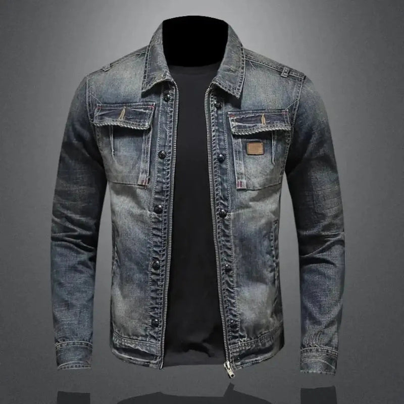 Men's Zip Front Denim Jacket with Washed Finish in Black