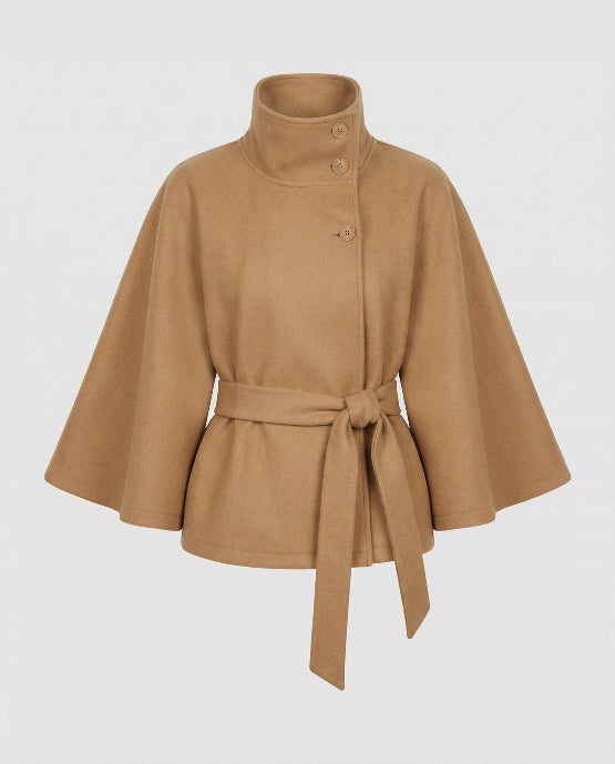 Women's Belted Cape Coat with High Collar Winter