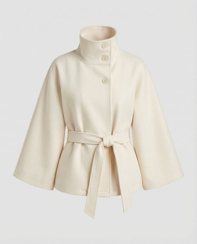 Women's Belted Cape Coat with High Collar Winter