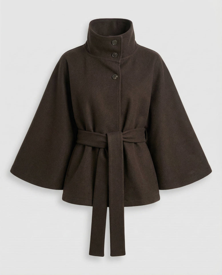 Women's Belted Cape Coat with High Collar Winter