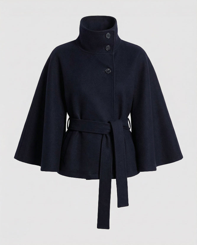 Women's Belted Cape Coat with High Collar Winter