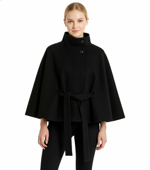 Women's Belted Cape Jacket for Elegant Winter Wear