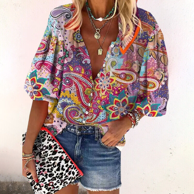 Women's Blouse with Floral Pattern and Button Placket