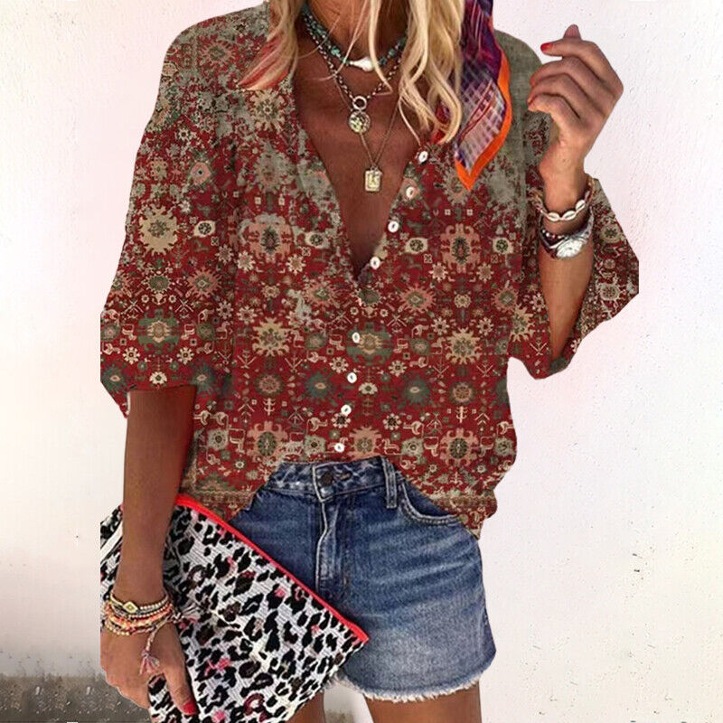 Women's Blouse with Floral Pattern and Button Placket