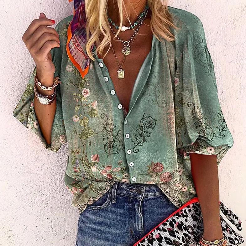 Women's Blouse with Floral Pattern and Button Placket