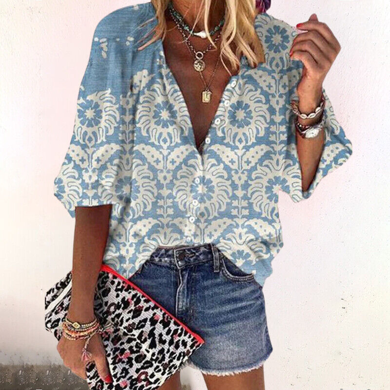 Women's Blouse with Floral Pattern and Button Placket