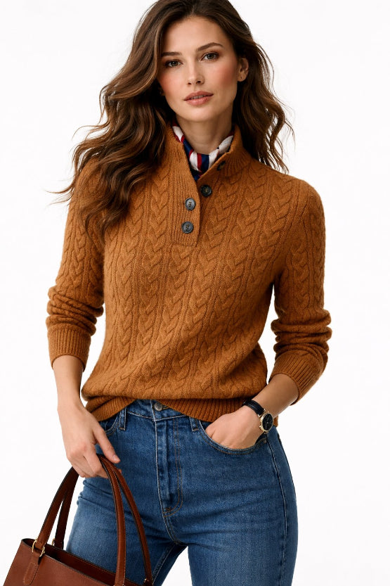 Women's Cable Knit Button Collar Pullover for Autumn