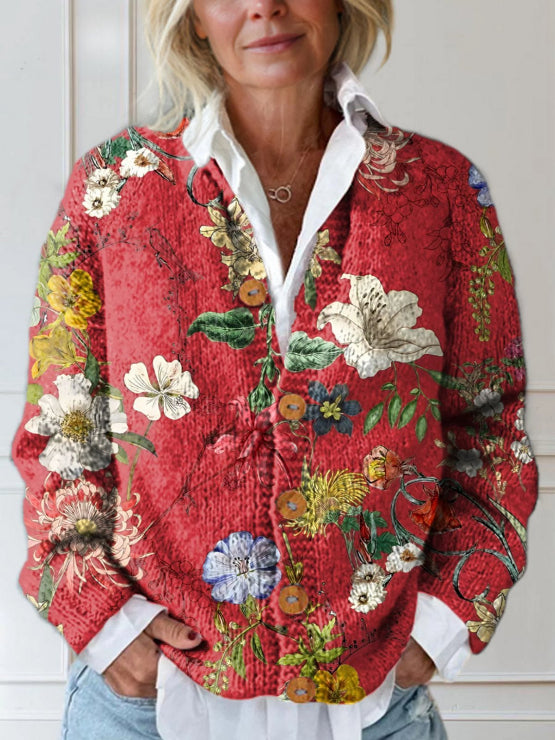 Women's Floral Collared Knit Cardigan for Autumn Layering
