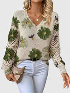 Women's Floral V Neck Long Sleeve Everyday Sweater