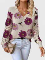 Women's Floral V Neck Long Sleeve Everyday Sweater