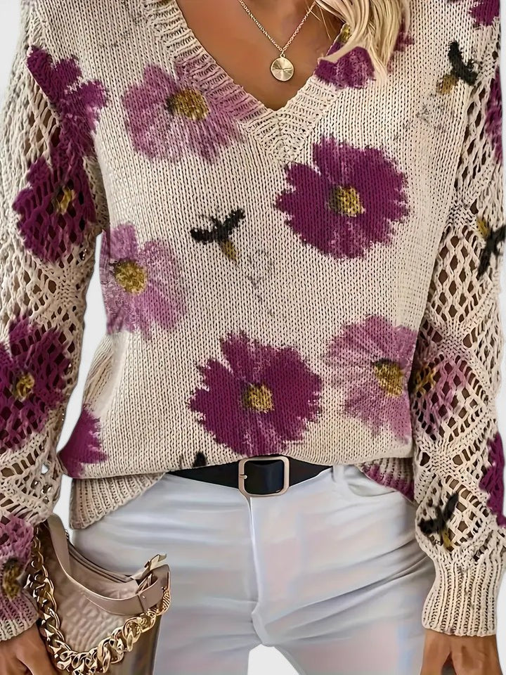 Women's Floral V Neck Long Sleeve Everyday Sweater