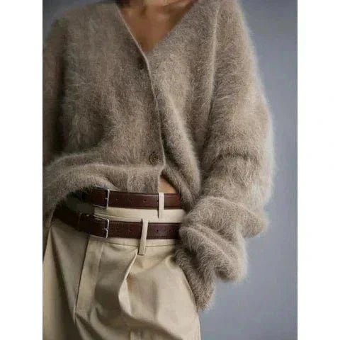 Women's Fuzzy V-Neck Button Front Casual Knit Cardigan