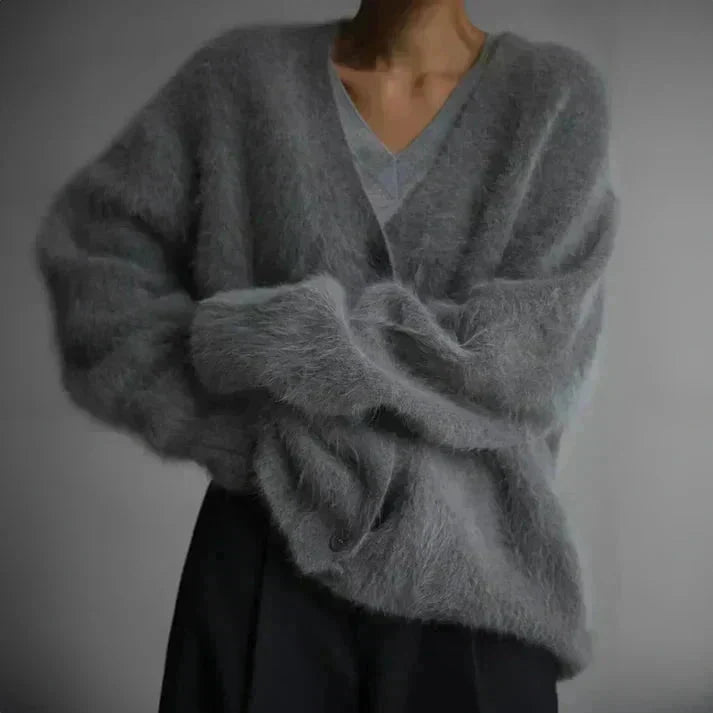 Women's Fuzzy V-Neck Button Front Casual Knit Cardigan