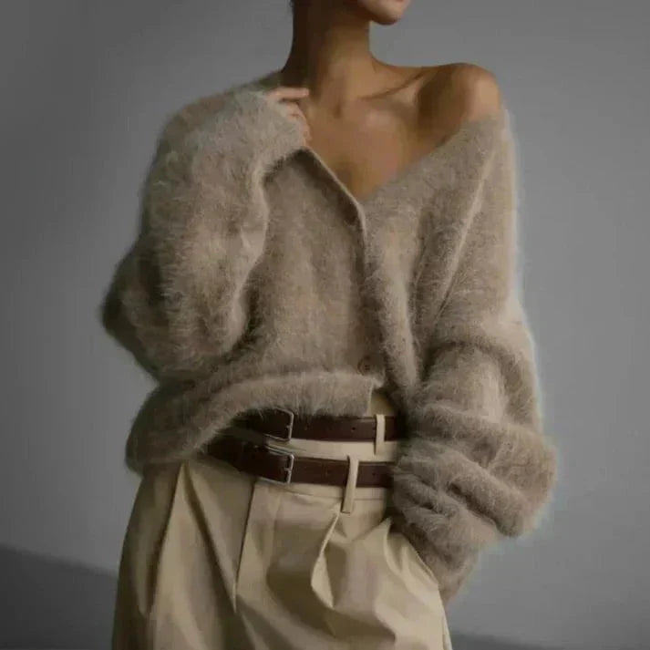 Women's Fuzzy V-Neck Button Front Casual Knit Cardigan