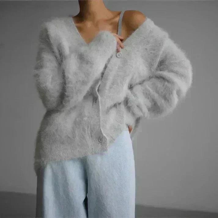 Women's Fuzzy V-Neck Button Front Casual Knit Cardigan