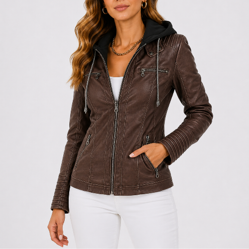 Women's Hooded Leather Jacket for Autumn Winter Wear