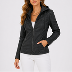 Women's Hooded Leather Jacket for Autumn Winter Wear
