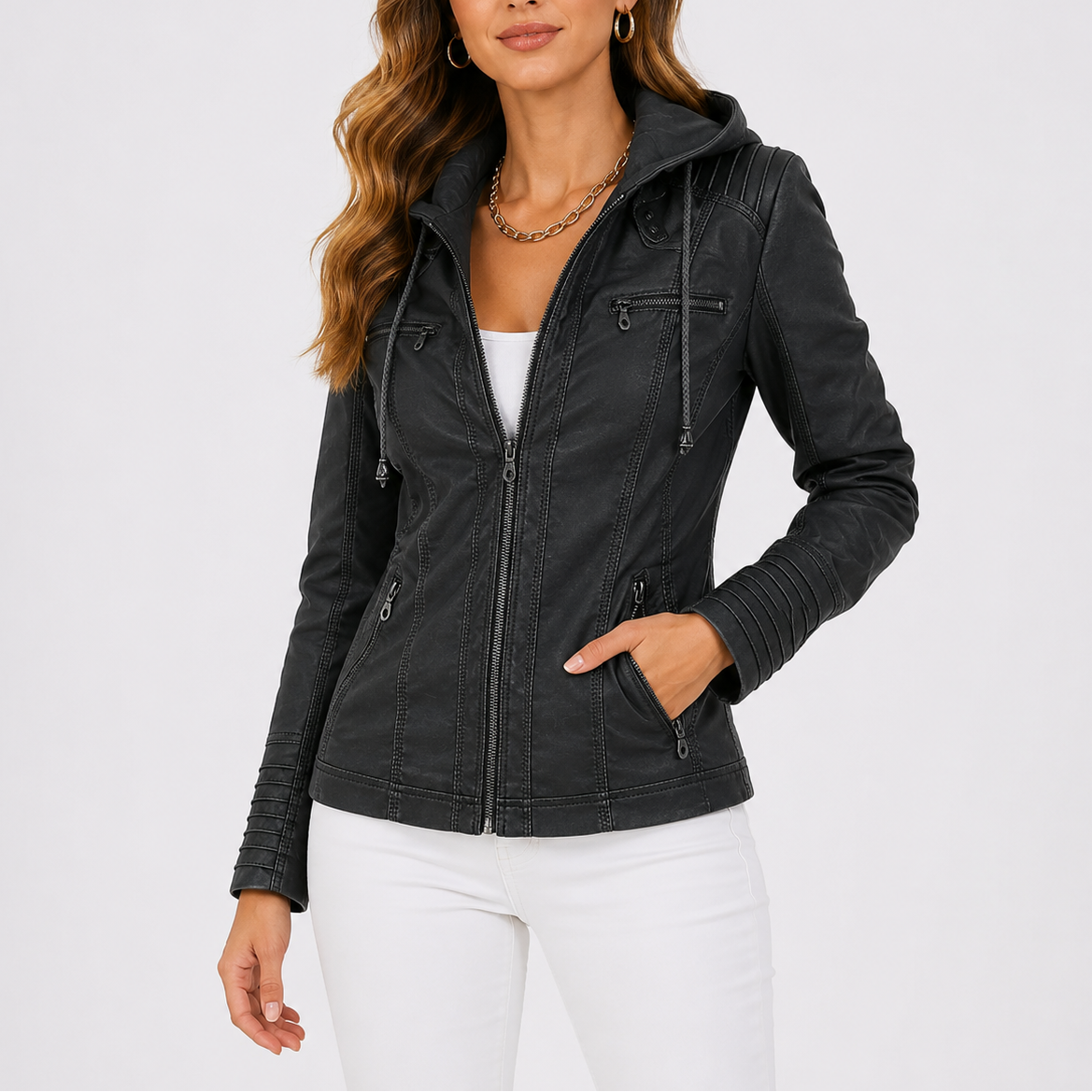 Women's Hooded Leather Jacket for Autumn Winter Wear