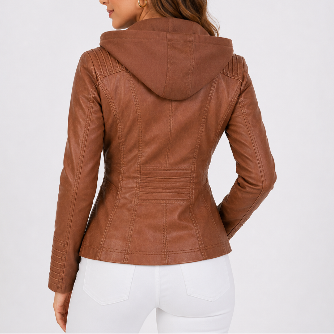 Women's Hooded Leather Jacket for Autumn Winter Wear