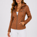 Women's Hooded Leather Jacket for Autumn Winter Wear