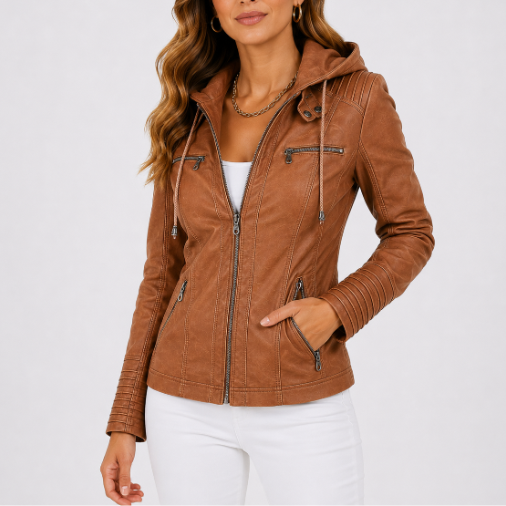 Women's Hooded Leather Jacket for Autumn Winter Wear